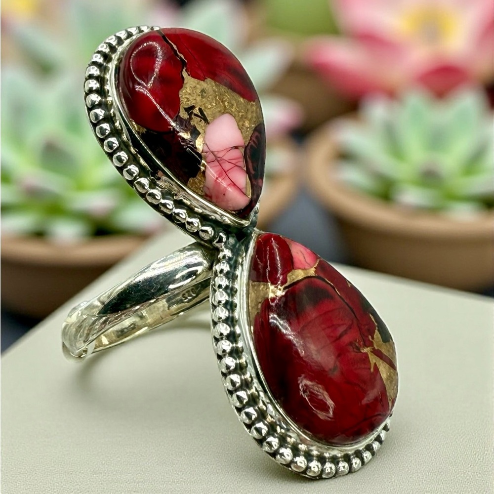 Southwest Style Red Dahlia Double Stone Ring – Sterling Silver, Size 9 (11.4g)